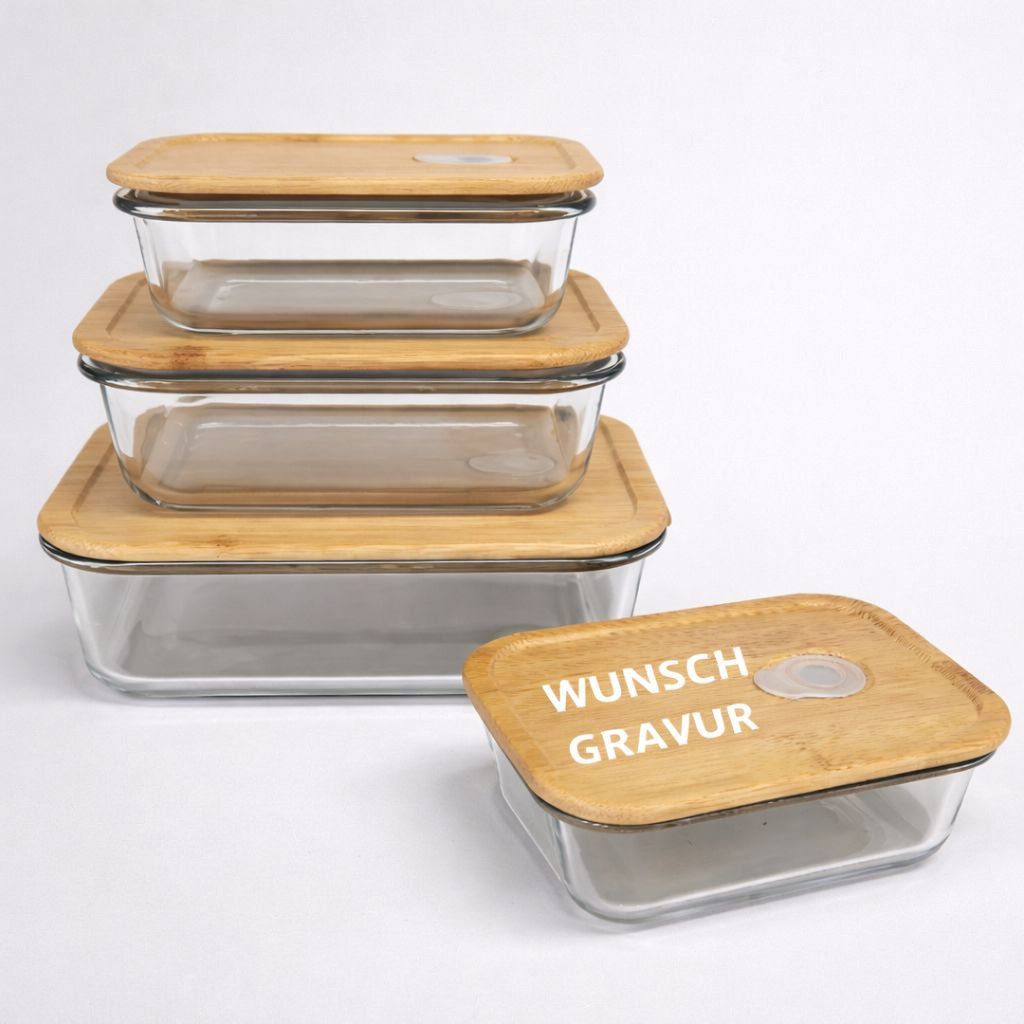 Vorratsdose Glas mit Bambusdeckel, ab € 10,00 Vorratsdosen Set aus Glas mit Bambusdeckel in vier Größen mit Gravur-Option