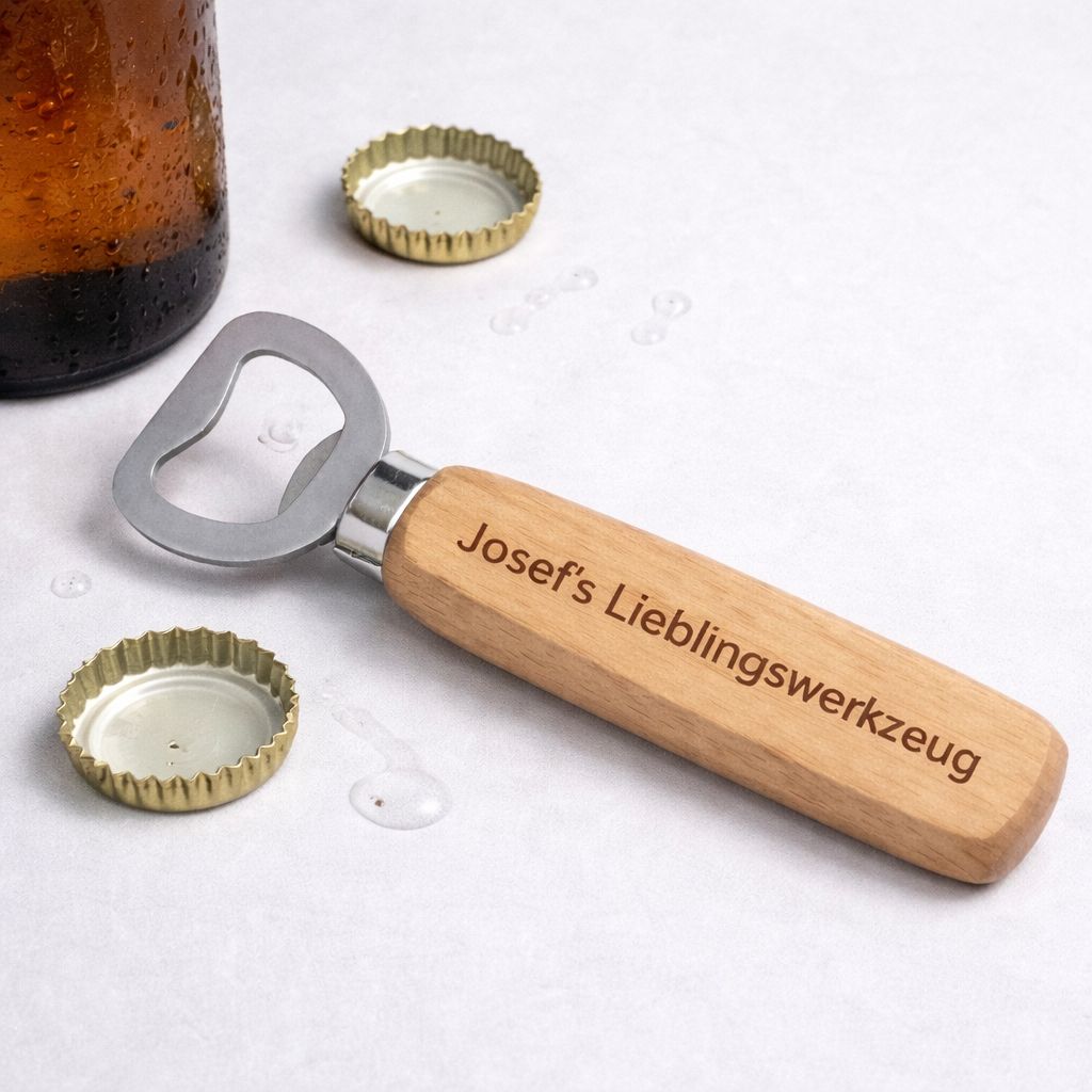 Flaschenöffner mit Holzgriff mit Gravur als Geschenk