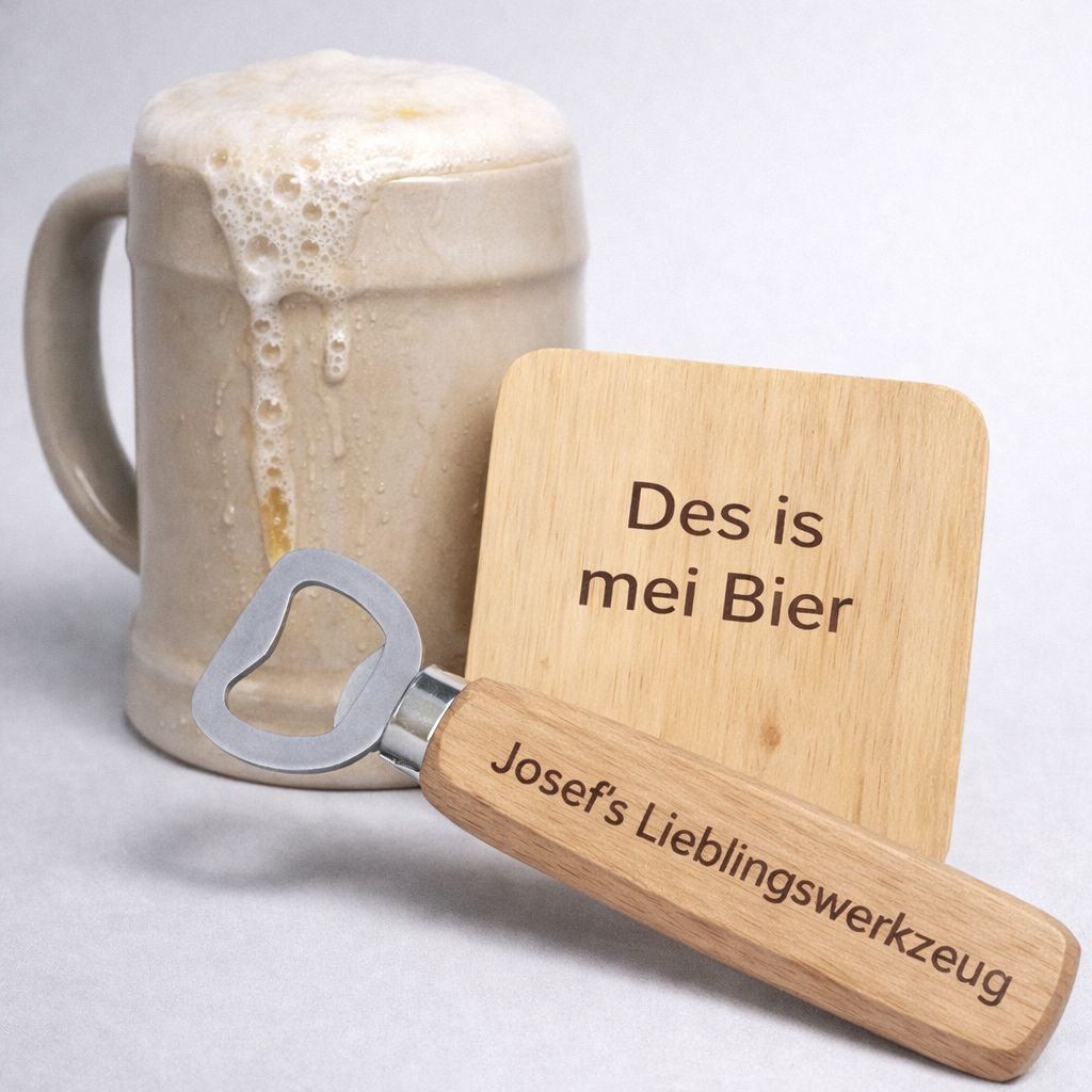Bierkrug-Geschenkset „Lieblingswerkzeug“ ab € 24,50 Gravierbares Bierkrug Geschenkset mit Tonkrug 0,5 l, Holz-Kapselheber und Holzuntersetzer