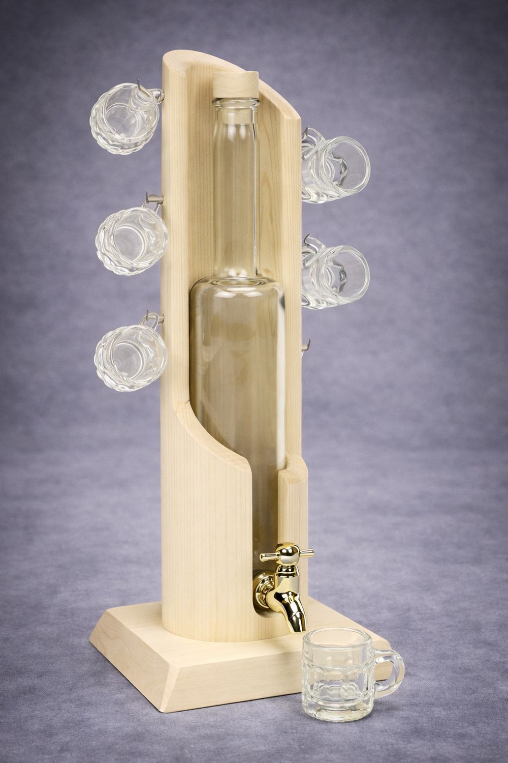 Flaschenständer Holz & Flasche 0,5l mit Ausgusshahn, ab € 60,00 Holz Flaschenständer mit Ausgusshahn für 0,5 l Flasche mit Stamperlhalter