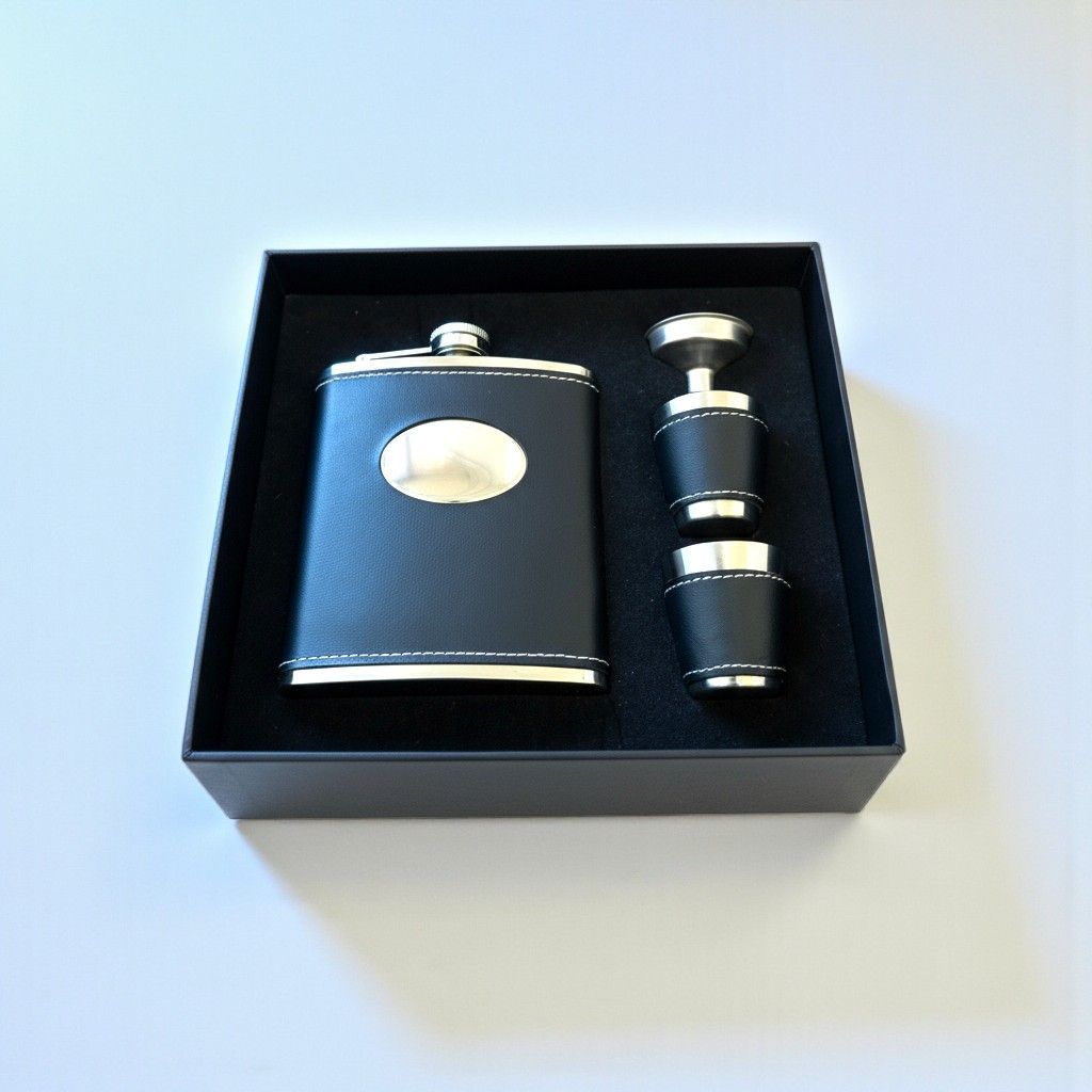 Flachmann Set Edelstahl mit Lederoptik, 2 Bechern und Trichter in Geschenkbox