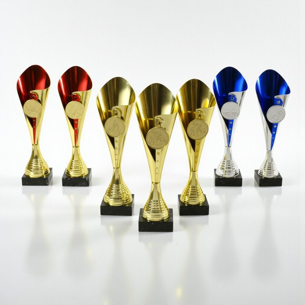 Kunststoff Pokalserie Vario in Gold, Rot-Gold und Blau-Silber auf Marmorsockel