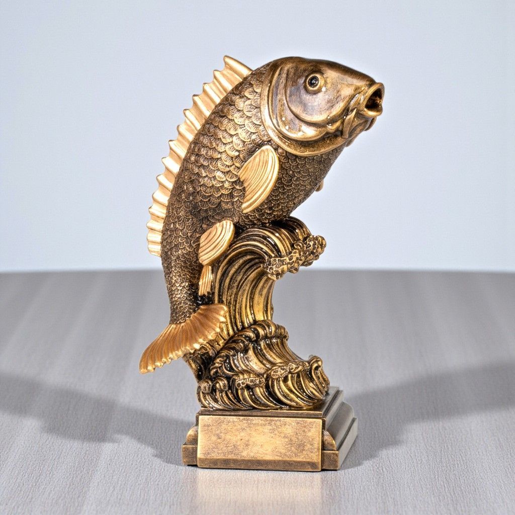 Große Fischtrophäe aus Resin mit Fisch auf Welle in goldfarbener Optik