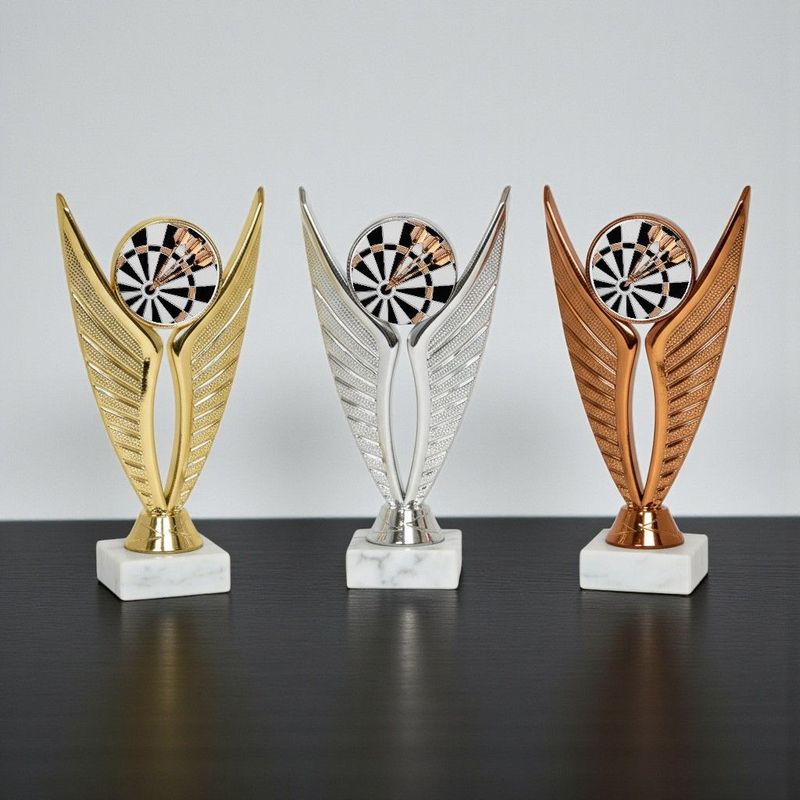 Darttrophy Flights Kunststoff mit Marmorsockel Gold Silber Bronze