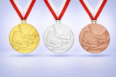 Eishockeymedaille Skate Ø 5 cm, ab € 2,50 Eishockeymedaille Schlittschuh und Puck Gold Silber Bronze