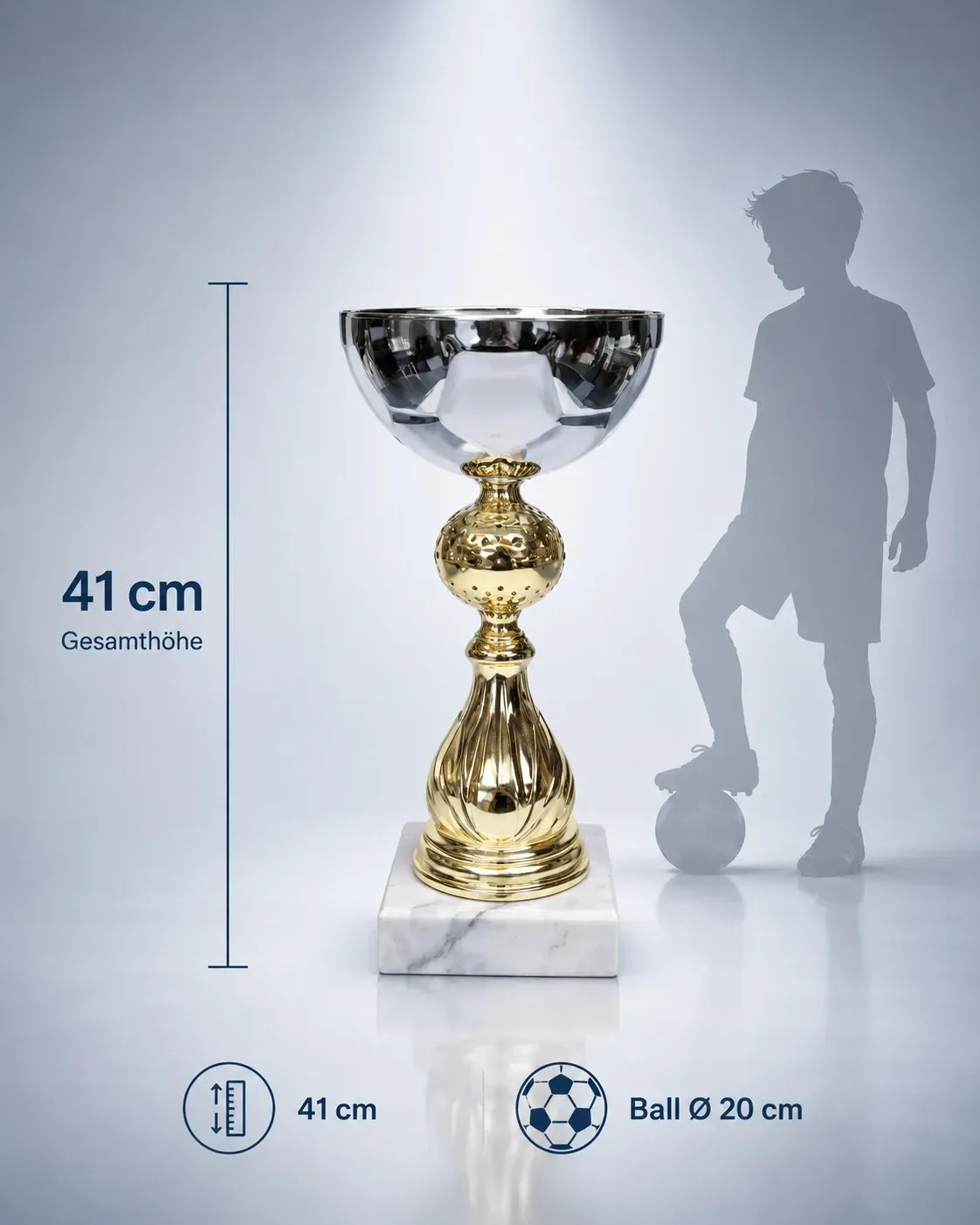 Fußballpokal Josef, ab € 30,00 Fußballpokal 41 cm mit Ball Ø 20 cm – Größenvergleich mit Kinderfußballer-Silhouette