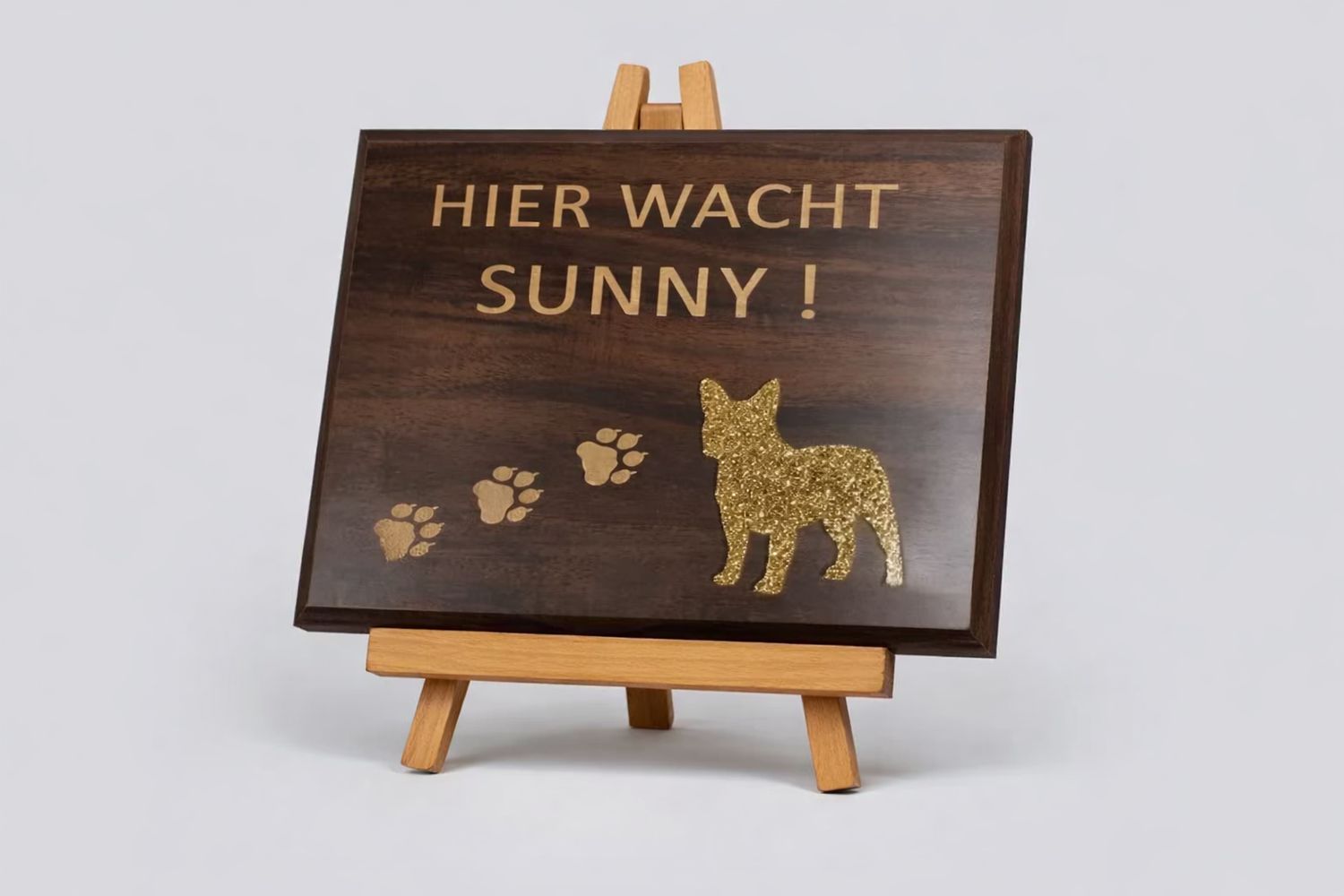 Holzplakette „Hier wacht Sunny“ in Walnuß, ab € 10,00 Holzplakette Hund in Walnussoptik mit Pfotenspuren – Türschild Hund