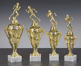 Schraubfigurencup „Sprint Gold“ ab € 16,00 Goldene Pokalserie mit Läuferfigur und weißem Marmorsockel für Laufbewerbe