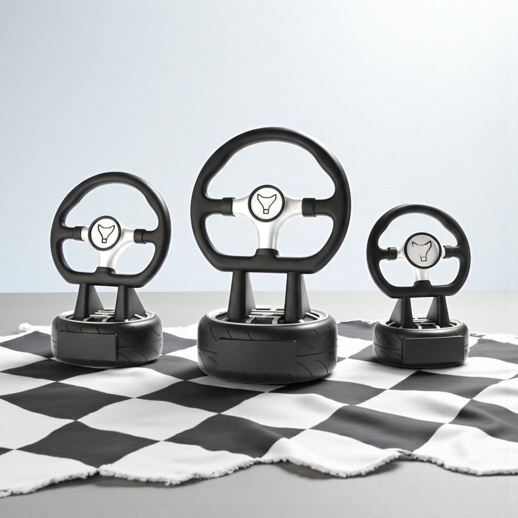 Motorsport Trophäe „Starting Grid“ ab € 11,90 Motorsport Trophäe Lenkrad auf Reifen Set schwarz silber mit Gravur