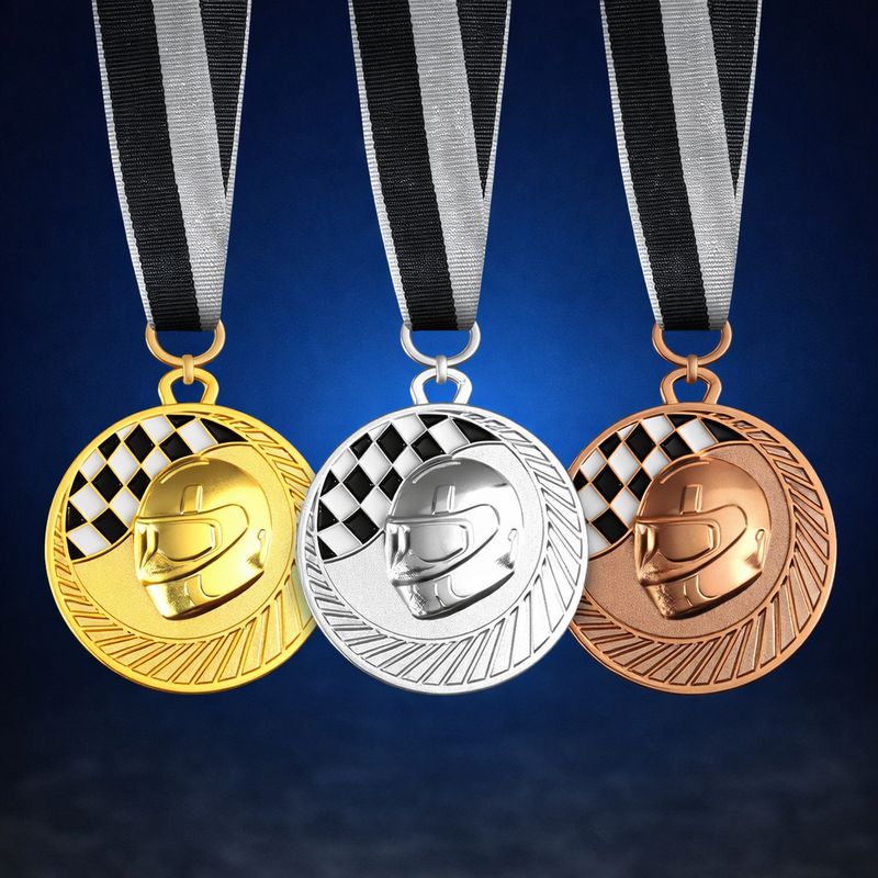 Motorsport Medaille Helm Zielflagge Gold Silber Bronze mit Band 5 cm