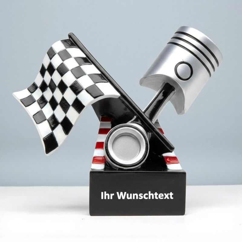 Motorsport Trophäe Zielflagge mit Kolben Design auf Sockel Gravur