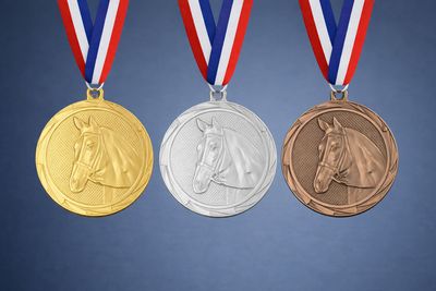 Reitsportmedaille geprägt, gold, silber, bronze mit Medaillenband