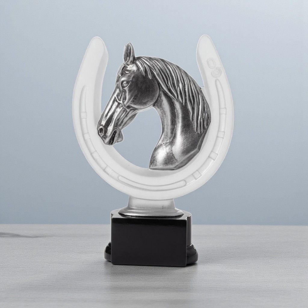 Pferde Trophäe Lucky Shoe Hufeisen Pferdekopf silber Reitsport 16 cm