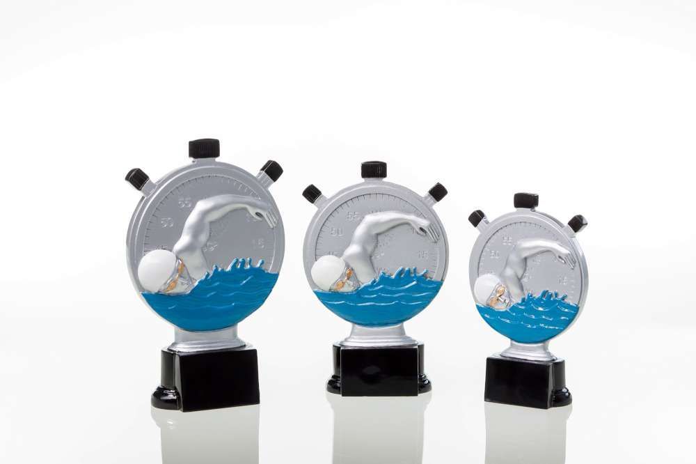 Schwimmer-Trophäe „Stoppuhr“ ab € 11,50 Schwimmer Trophäe Stoppuhr Resinfigur blau Wellen auf Sockel 3 Größen Schwimmpokal