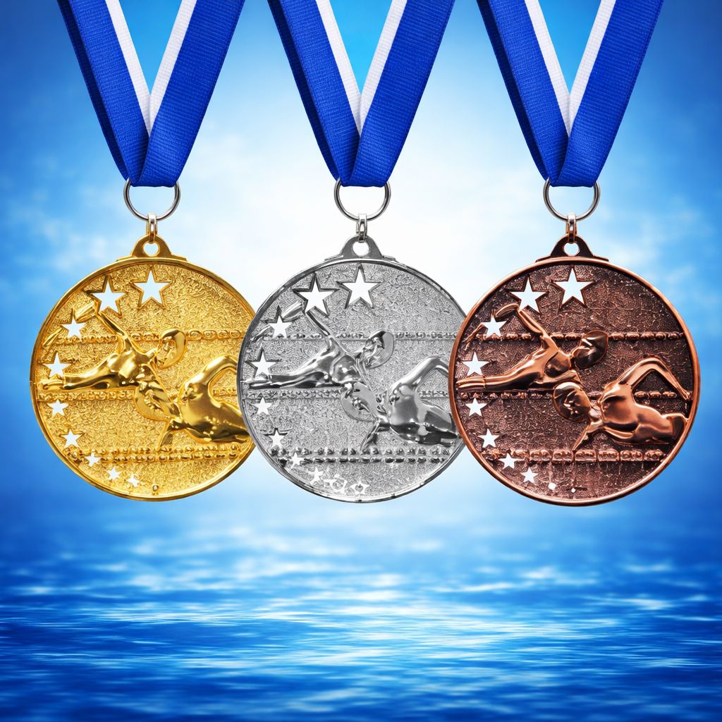 Schwimmmedaille 50 mm Gold Silber Bronze mit Band geprägt Schwimmer Motiv