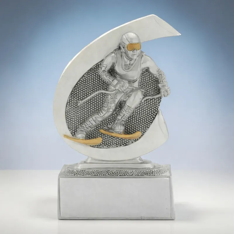 Ski Resinfigur Skifahrer silber gold 10 cm auf Sockel