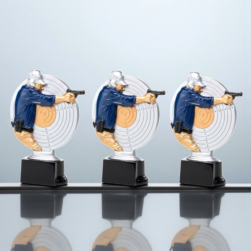Schützenfigur mit Pistole und Zielscheibe auf Sockel in drei Größen