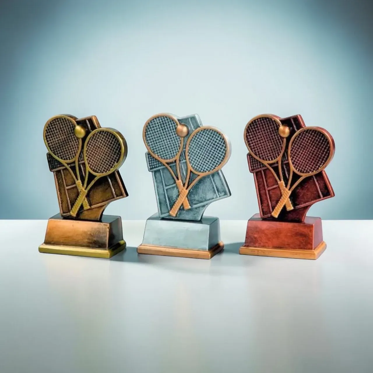 Tennispokal Set Gold Silber Bronze mit zwei Schlägern