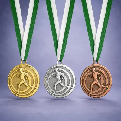 Laufmedaille Orbit Ø 3 cm, ab € 1,80 Geprägte Laufmedaille Orbit in Gold, Silber und Bronze mit Läufermotiv inkl Band montiert