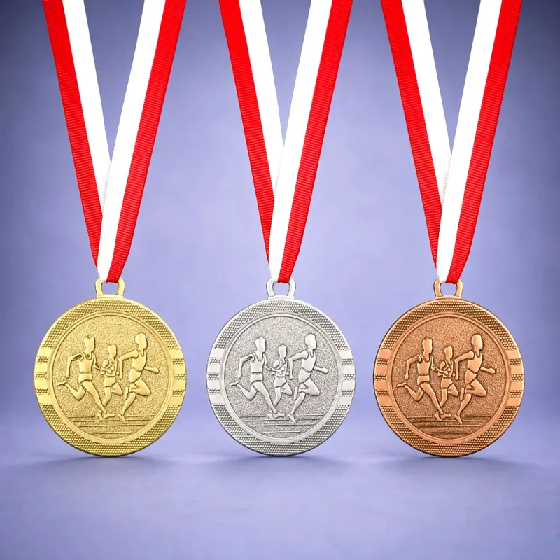 Geprägte Laufmedaille TeamSprint in Gold, Silber und Bronze mit Läufermotiv und rot-weißem Band