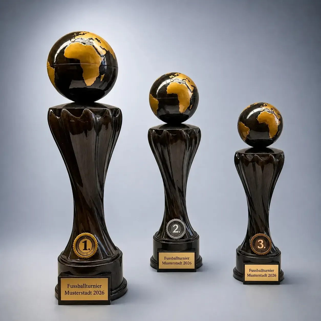 Edle World Trophy Resintrophäen mit gold-schwarzer Weltkugel in 36, 32 und 27 cm – eine besondere Auszeichnung für Fußballtur