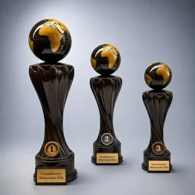 Resintrophäe Edle World Trophy Resintrophäen mit gold-schwarzer Weltkugel in 36, 32 und 27 cm – eine besondere Auszeichnung für Fußballtur