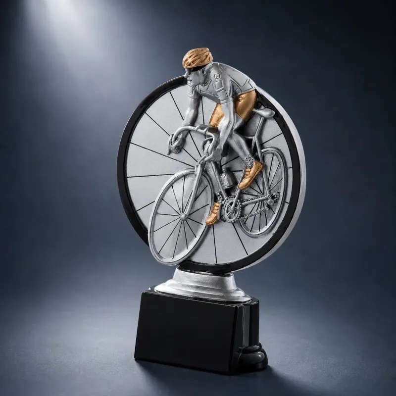 resinfigur radsport auf schwarzem sockel mit gravurschild
