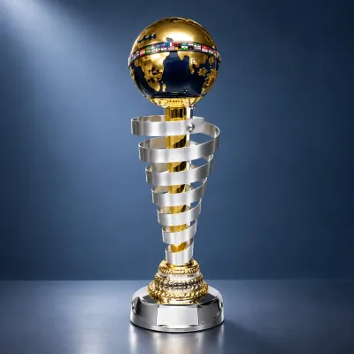 Metalltrophäe Weltpokal 69 cm mit Keramik-Globus und Gravurschild