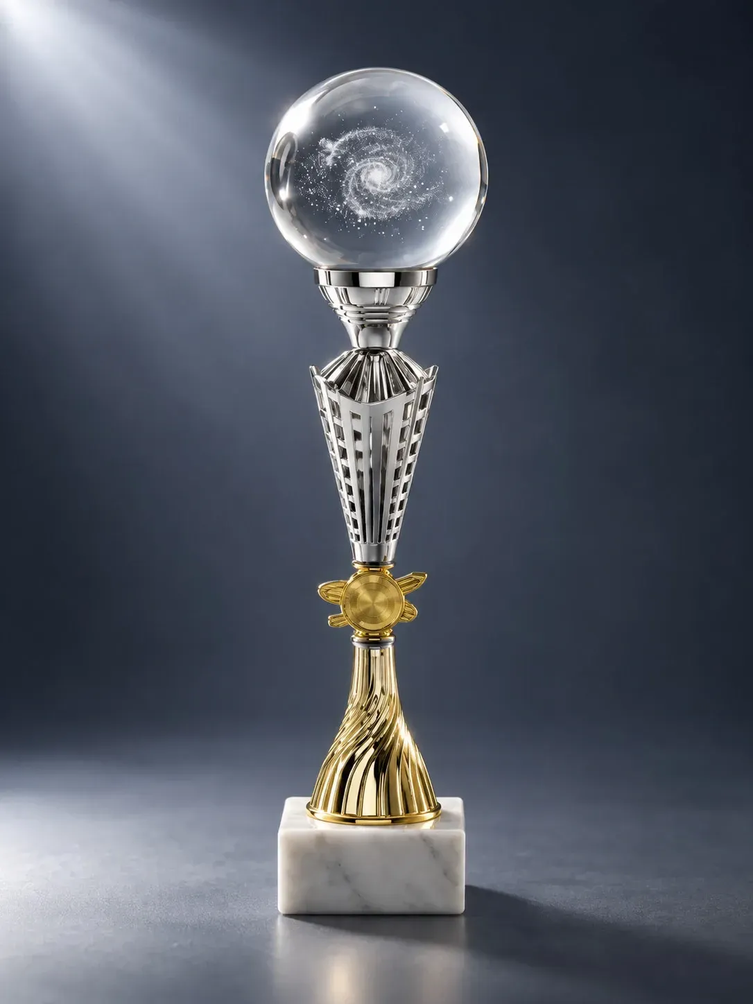 Glaskugel-Pokal Galaxy mit 3D-Gravur, silber-goldfarbenem Pokalaufbau und weißem Marmorsockel