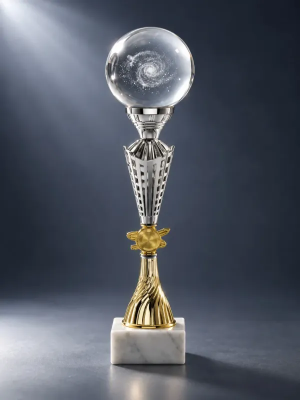 Glaskugel-Pokal Galaxy 2.0 mit 3D-Gravur, 3 Größen, ab 23,00 € Glaskugel-Pokal Galaxy mit 3D-Gravur, silber-goldfarbenem Pokalaufbau und weißem Marmorsockel