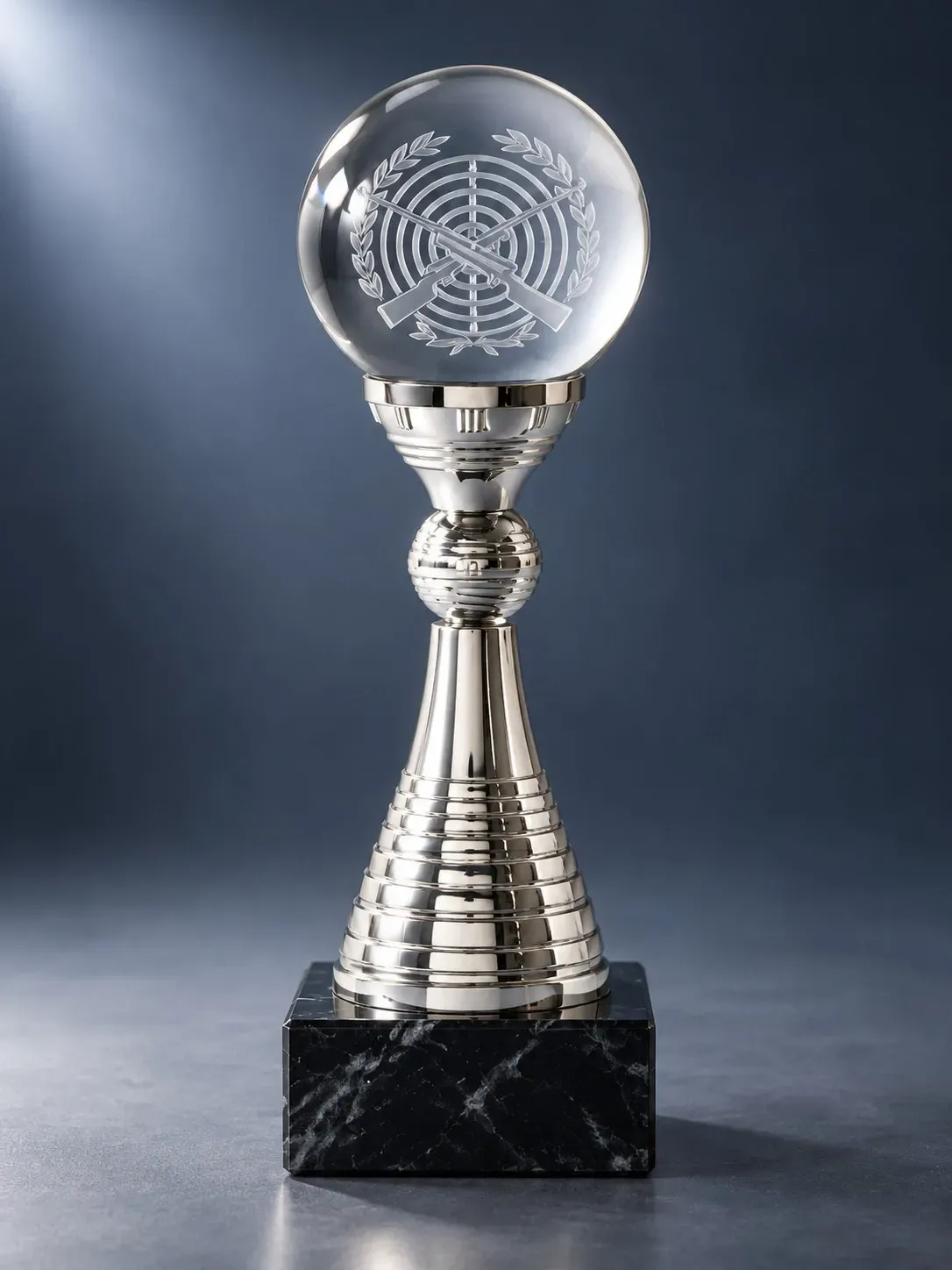 Glaskugel-Pokal Glaskugel-Pokal Schützenblick mit 3D-Schützenscheibe, silberfarbenem Pokalaufbau und schwarzem Marmorsockel