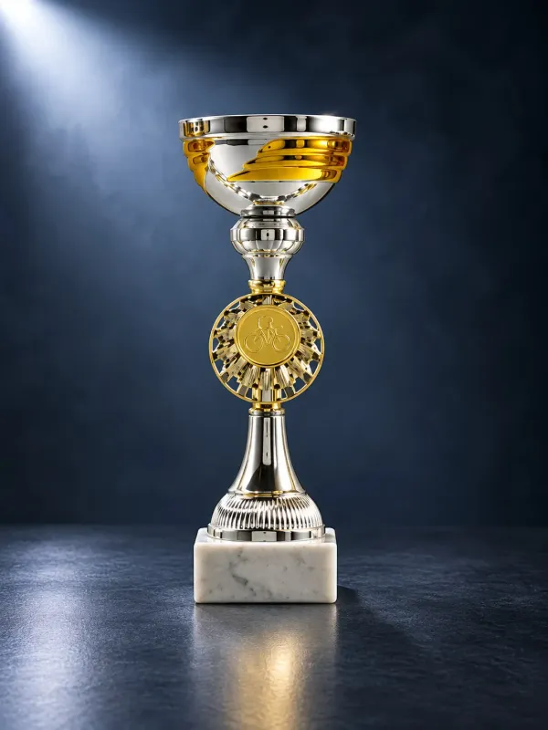 Pokal Pokal Steyr silber-gold mit Emblemträger und Marmorsockel