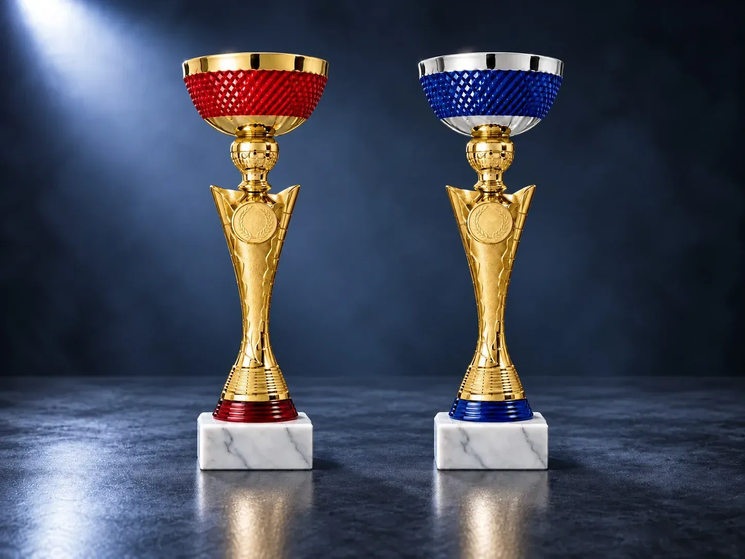 Pokal Pokalserie Graz mit gold-roter oder silber-blauer Schale in acht Größen mit Emblemträger und Marmorsockel