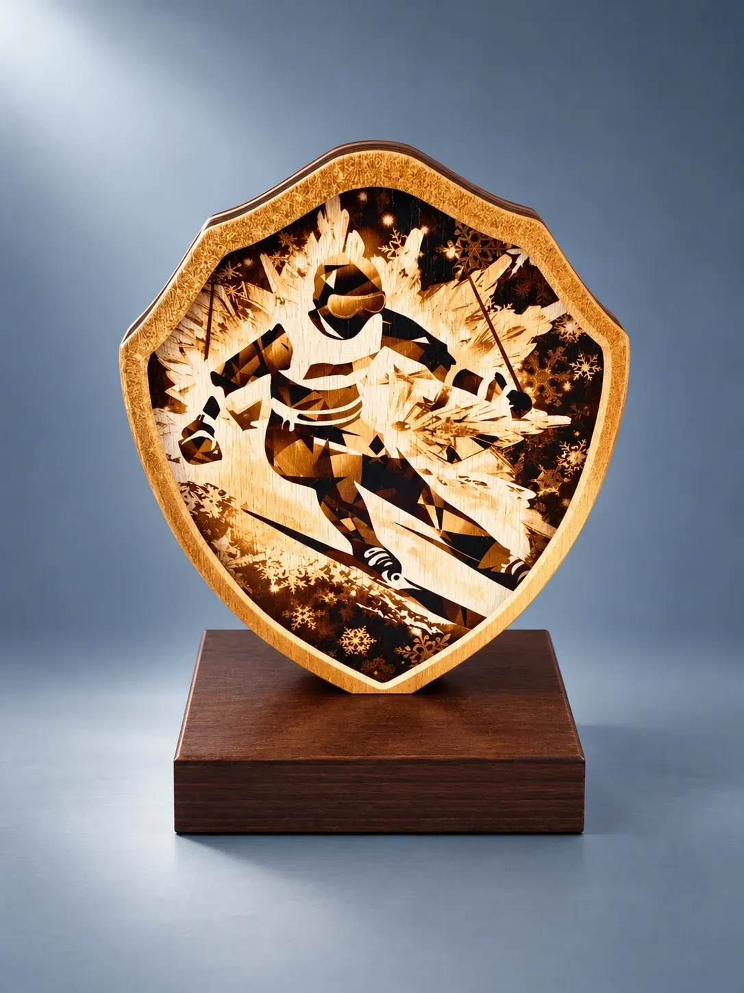 Snow Carver – Holztrophäe ab € 7,00 Snow Carver Holztrophäe aus bedrucktem Holz mit Skifahrer-Motiv auf Holzsockel, 10,5 cm