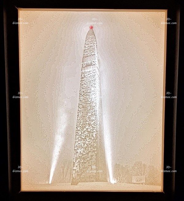 3D Lithophane lightbox - view of Bennington Monument lighted at night during a snowy evening.