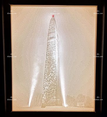 3D Lithophane lightbox - view of Bennington Monument lighted at night during a snowy evening.
