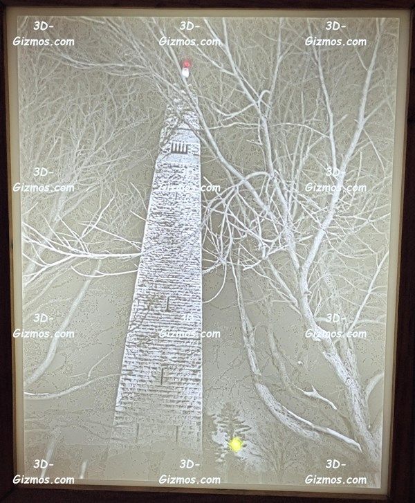 3D Lithophane lightbox - view of Bennington Monument on snowy evening with snow-covered tree