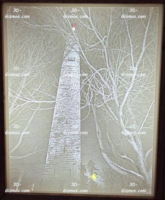 3D Lithophane lightbox - view of Bennington Monument on snowy evening with snow-covered tree