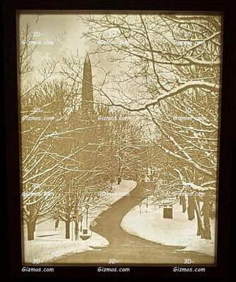3D Lithophane lightbox - view of Bennington Monument from Old First Church on snowy day