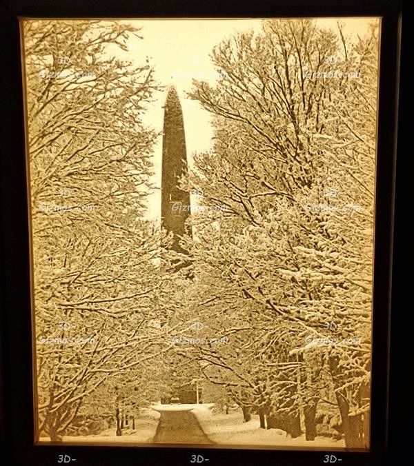 3D Lithophane lightbox - view of Bennington Monument up Monument Ave on snowy day