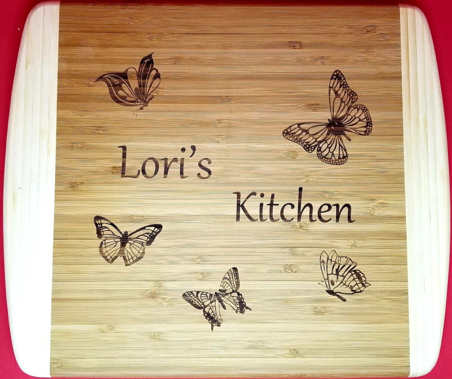 Cutting Board, Bamboo, Personalized, 2 Tone, Laser Engraved With Butterflies,10 x 14