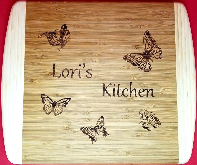 Cutting Board, Bamboo, Personalized, 2 Tone, Laser Engraved With Butterflies,10 x 14