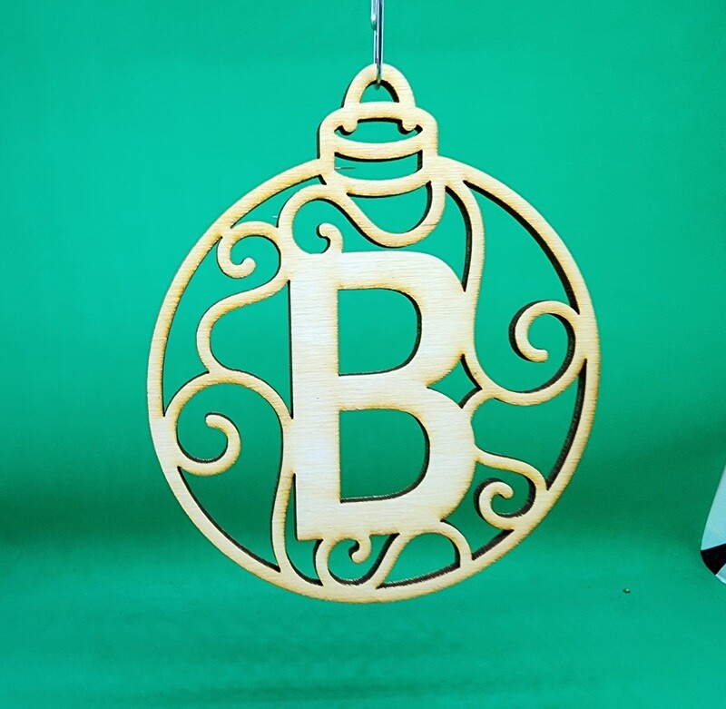 Christmas Ornament &quot;B&quot; Monogram Wood Gift Tag Alpha Holiday Laser Cut Initial