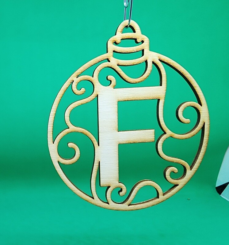 Christmas Ornament &quot;F&quot; Monogram Wood Gift Tag Alpha Holiday Laser Cut Initial