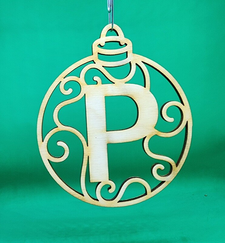 Christmas Ornament &quot;P&quot; Monogram Wood Gift Tag Alpha Holiday Laser Cut Initial