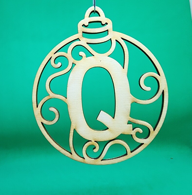 Christmas Ornament &quot;Q&quot; Monogram Wood Gift Tag Alpha Holiday Laser Cut Initial