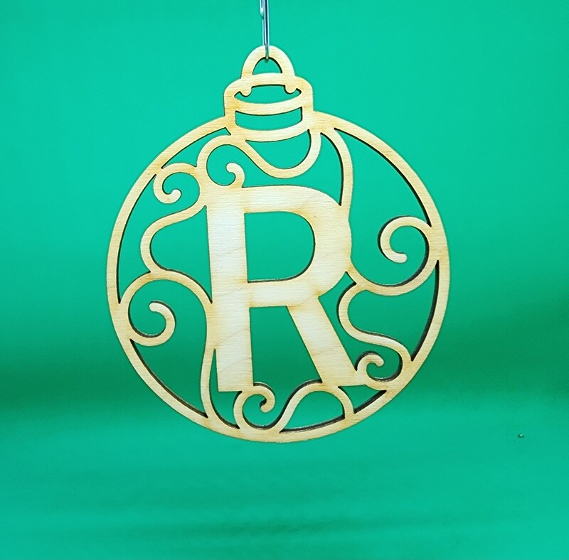 Christmas Ornament &quot;R&quot; Monogram Wood Gift Tag Alpha Holiday Laser Cut Initial