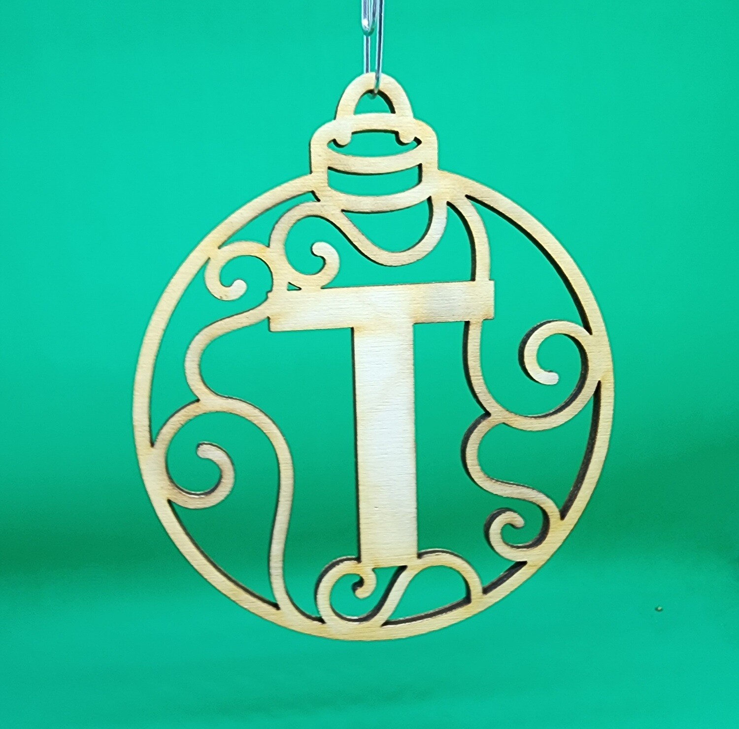 Christmas Ornament &quot;T&quot; Monogram Wood Gift Tag Alpha Holiday Laser Cut Initial