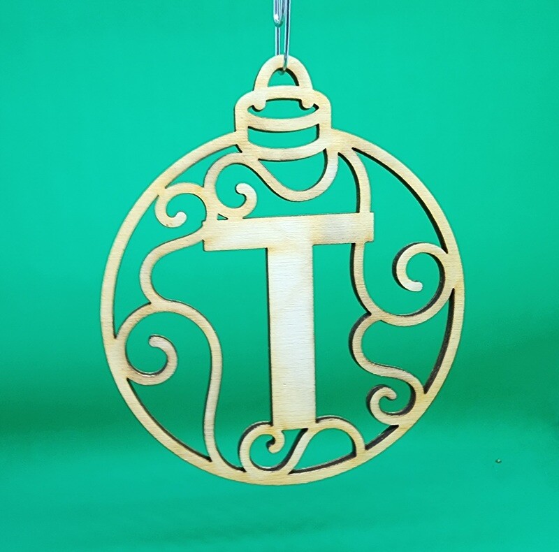 Christmas Ornament &quot;T&quot; Monogram Wood Gift Tag Alpha Holiday Laser Cut Initial