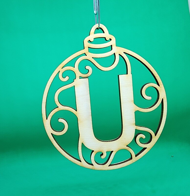 Christmas Ornament &quot;U&quot; Monogram Wood Gift Tag Alpha Holiday Laser Cut Initial